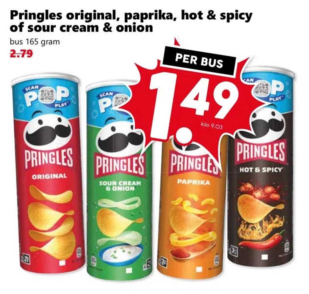 Pringles original, paprika, hot & spicy of sour cream & onion