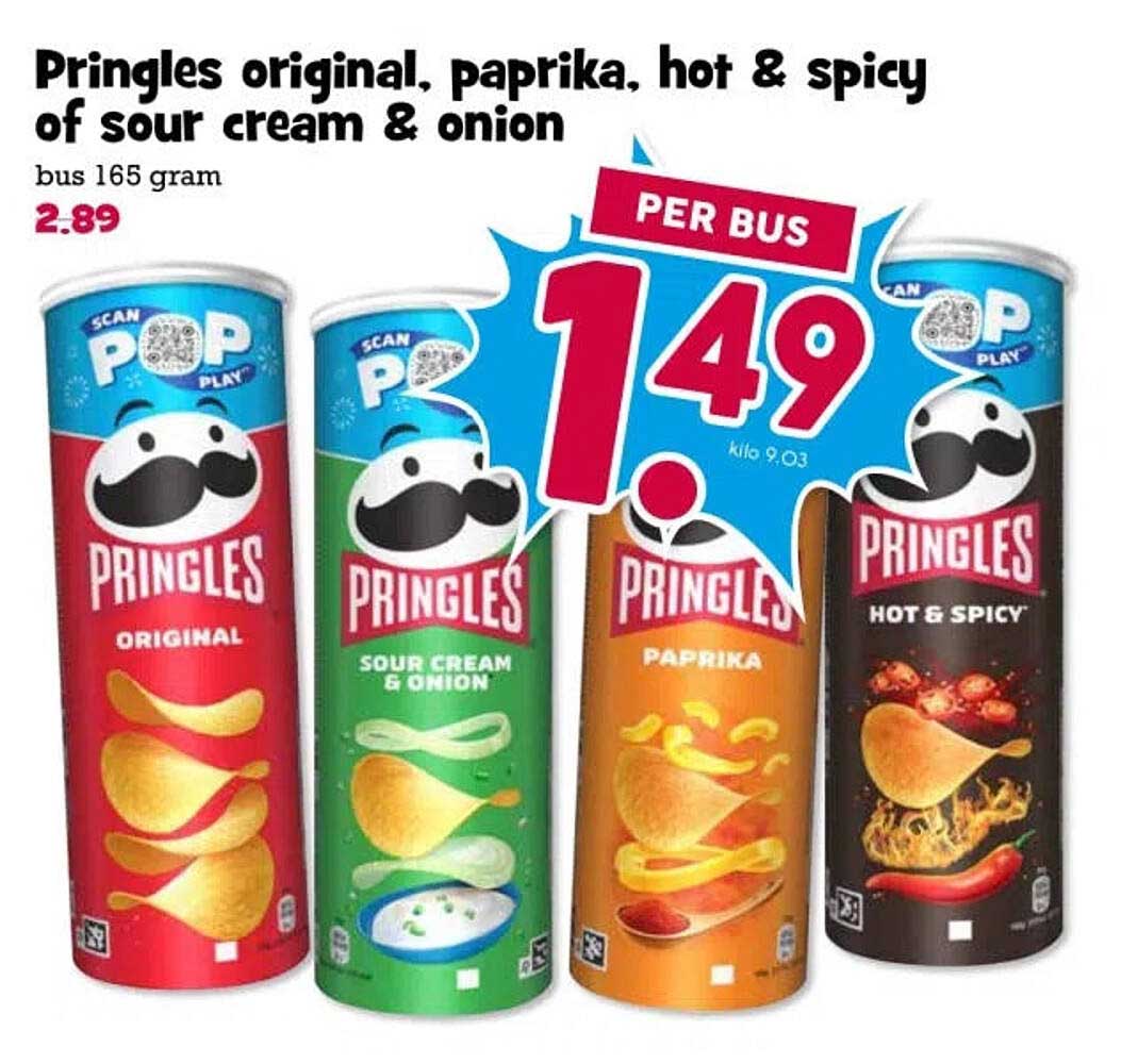 Pringles original, paprika, hot & spicy of sour cream & onion