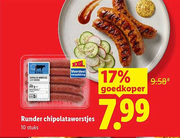 Runder chipolataworstjes 10 stuks 17% goedkoper
