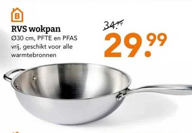 RVS wokpan Ø30 cm, PFTE en PFAS vrij, geschikt voor alle warmtebronnen