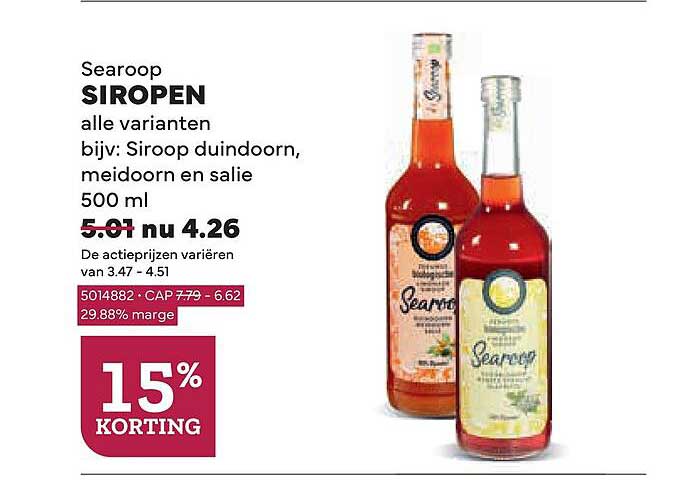 Searoop SIOROPEN alle varianten bijv: Siroop duindoorn, meidoorn en salie 500 ml 15% KORTING