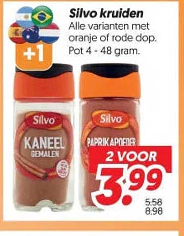 Silvo kruiden Alle varianten met oranje of rode dop. Pot 4 - 48 gram. 2 VOOR