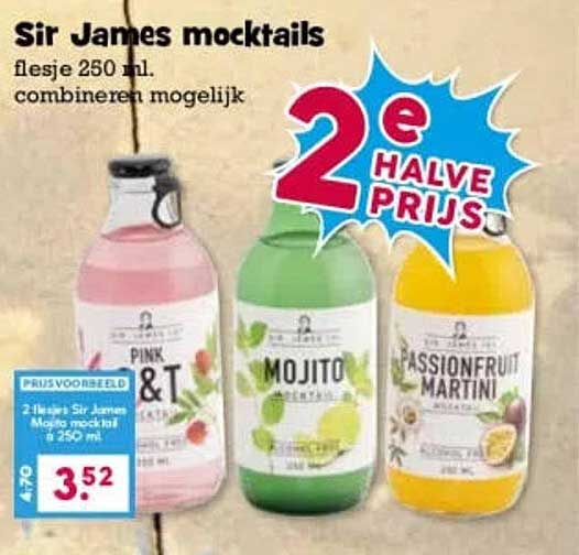 Sir James mocktails flesje 250 ml. combineren mogelijk 2e halve prijs