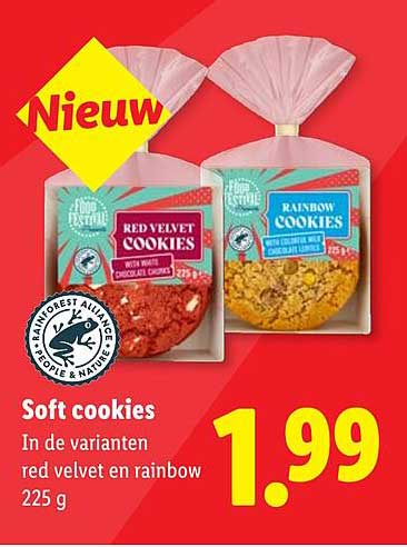 Soft cookies In de varianten red velvet en rainbow 225 g Nieuw