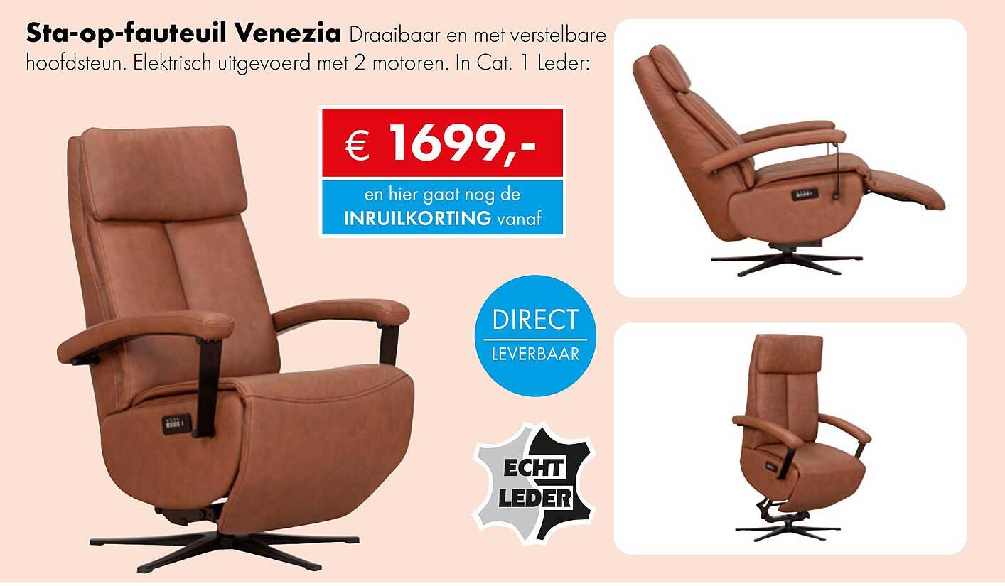 Sta-op-fauteuil Venezia Draaibaar en met verstelbare hoofdsteun. Elektrisch uitgevoerd met 2 motoren. In Cat. 1 leder