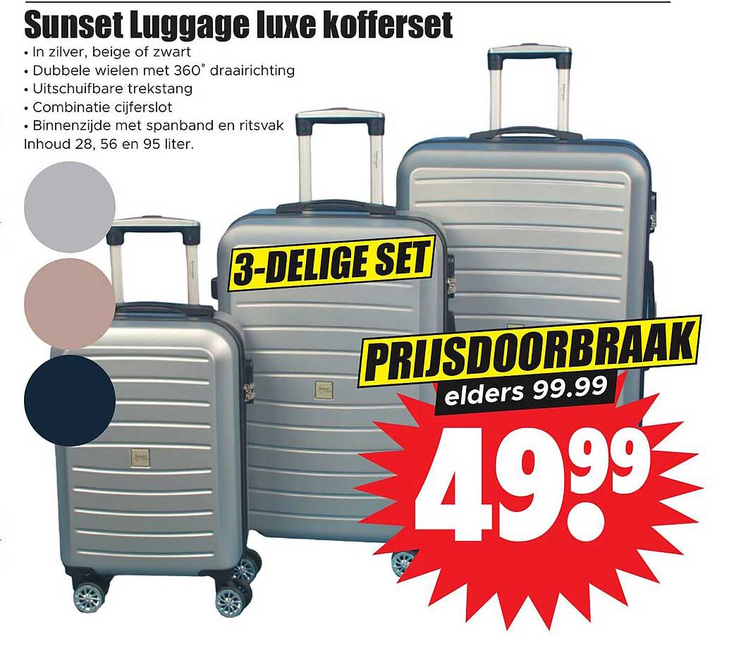 Sunset Luggage luxe kofferset 3-delige set prijsdoorbraak