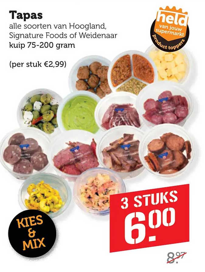 Tapas alle soorten van Hoogland, Signature Foods of Weidenaar kuip 75-200 gram KIES & MIX