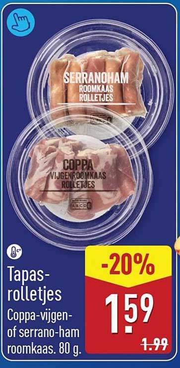 Tapas-rolletjes Coppa-vijgen- of serrano-ham roomkaas. 80 g. -20%