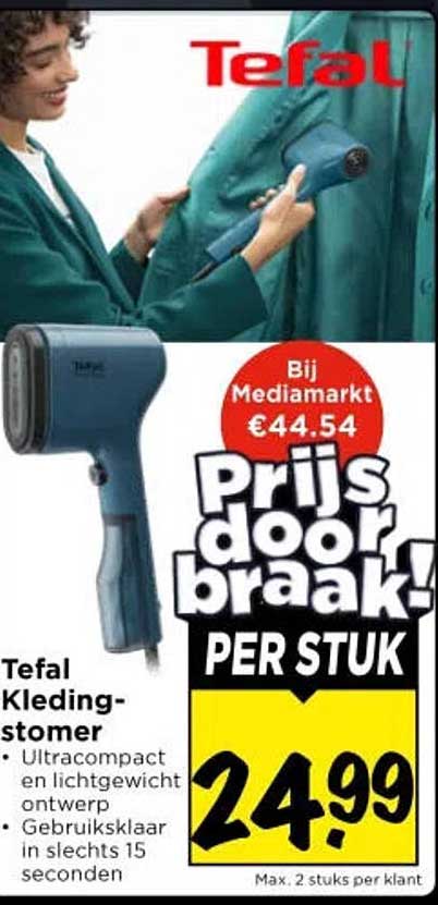 Tefal Kledingstomer • Ultracompact en lichtgewicht ontwerp • Gebruiksklaar in slechts 15 seconden Prijsdoorbraak! PER STUK