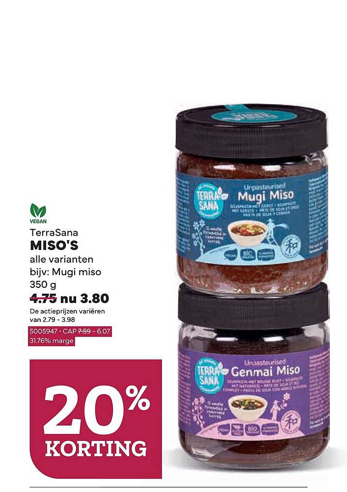 TerraSana MISO'S alle varianten bijv: Mugi miso 350 g 20% KORTING