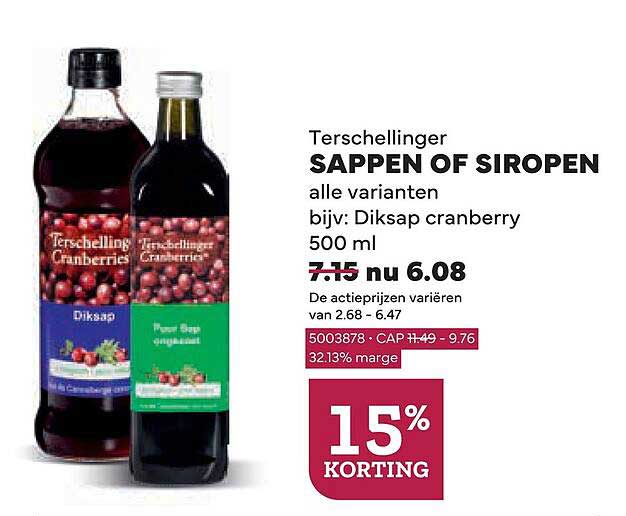 Terschellinger SAPPEN OF SIROPEN alle varianten biiv: Diksap cranberry 500 ml 15% KORTING