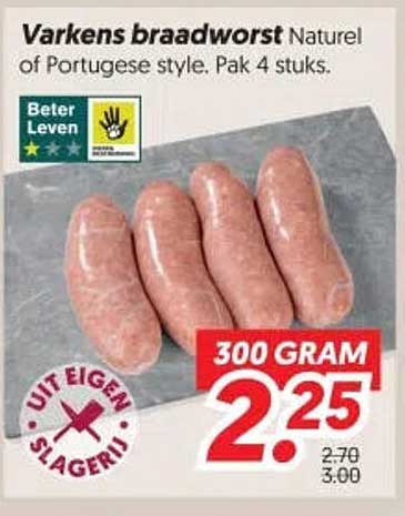 Varkens braadworst Naturel of Portugese style. Pak 4 stuks.