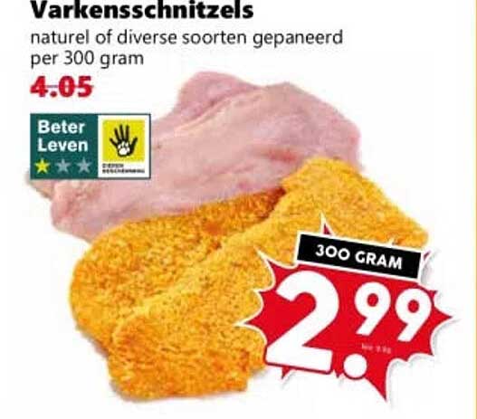 Varkensschnitzels naturel of diverse soorten gepaneerd per 300 gram