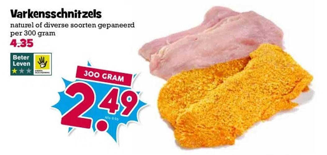 Varkensschnitzels naturel of diverse soorten gepaneerd per 300 gram