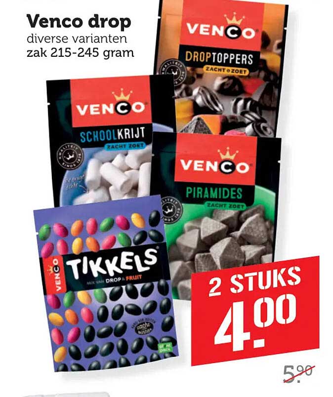 Venco drop diverse varianten zak 215-245 gram 2 stuks