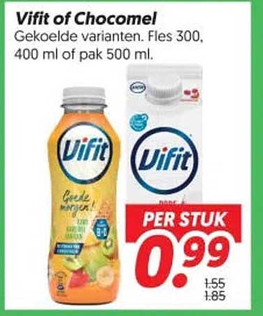 Vifit of Chocomel Gekoelde varianten. Fles 300, 400 ml of pak 500 ml. PER STUK