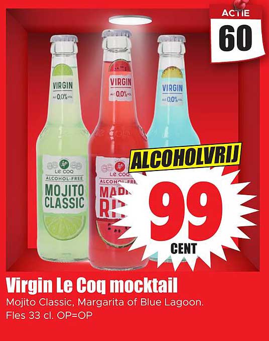 Virgin Le Coq mocktail Mojito Classic, Margarita of Blue Lagoon. Fles 33 cl. OP=OP ALCOHOLVRIJ