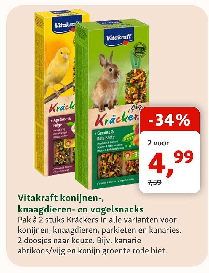 Vitakraft konijnen-, knaagdieren- en vogelsnacks 2 voor 4,99