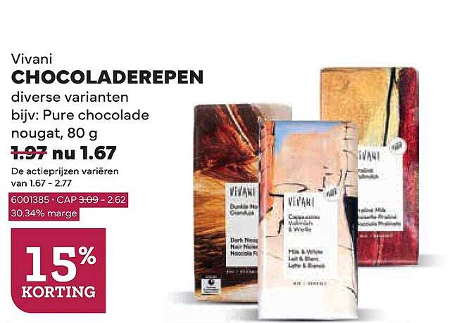Vivani CHOCOLADEREPEN diverse varianten bijvoorbeeld: Pure chocolade nougat, 80 g 15% KORTING