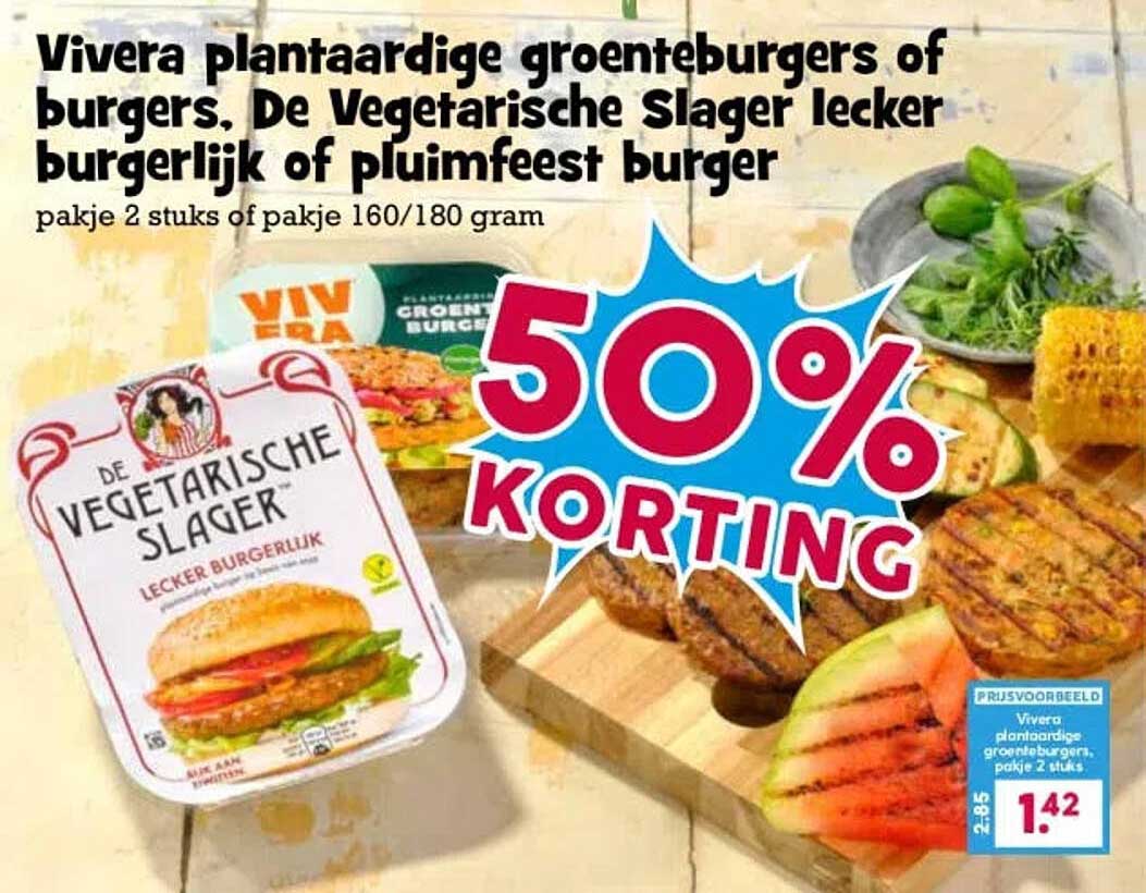 Vivera plantaardige groenteburgers of burgers, De Vegetarische Slager lekker burgerlijk of pluimfeest burger 50% korting