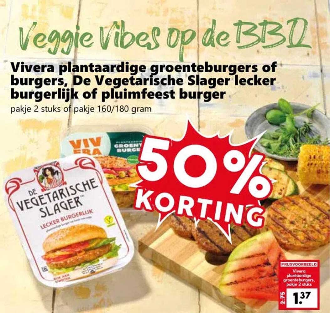 Vivera plantaardige groenteburgers of burgers, De Vegetarische Slager lekker burgerlijk of pluimfeest burger 50% korting
