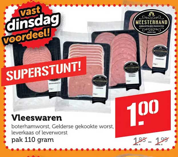 Vleeswaren boterhamworst, Gelderse gekookte worst, leverkaas of leverworst pak 110 gram SUPERSTUNT!