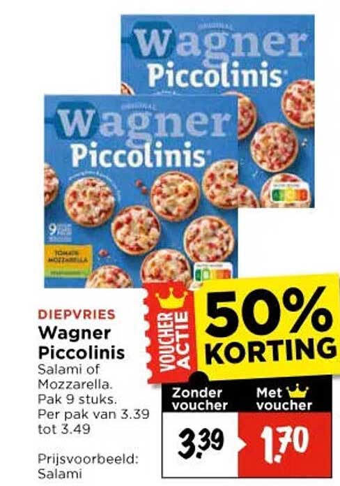Wagner Piccolinis Salami of Mozzarella. Pak 9 stuks. Per pak van 3.39 tot 3.49 50% korting