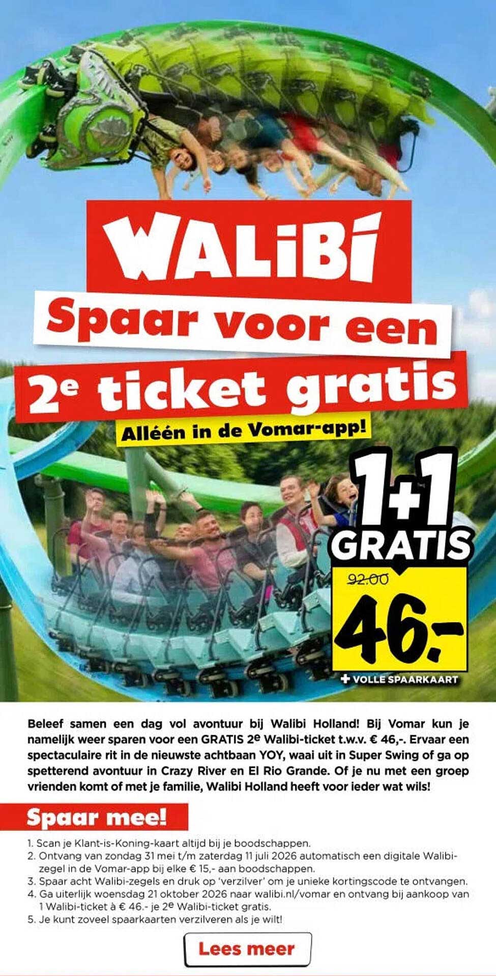 Walibi Spaar voor een 2e ticket gratis 1+1 gratis