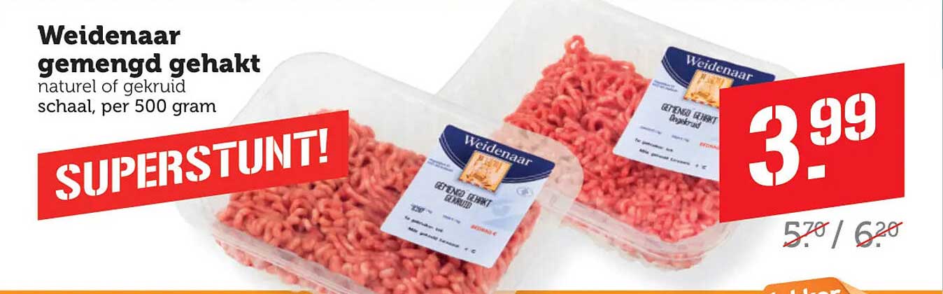Weidenaar gemengd gehakt naturel of gekruid schaal, per 500 gram SUPERSTUNT!