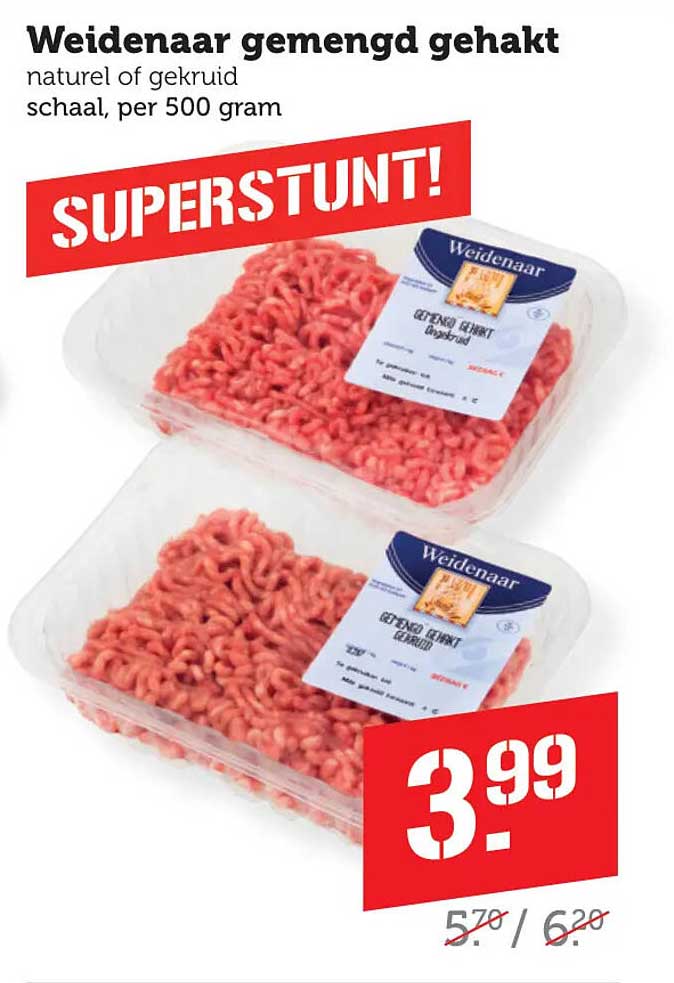 Weidenaar gemengd gehakt naturel of gekruid schaalt, per 500 gram SUPERSTUNT!