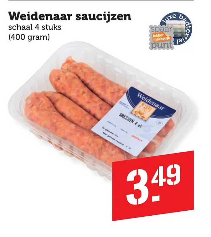 Weidenaar saucijzen schaal 4 stuks (400 gram)