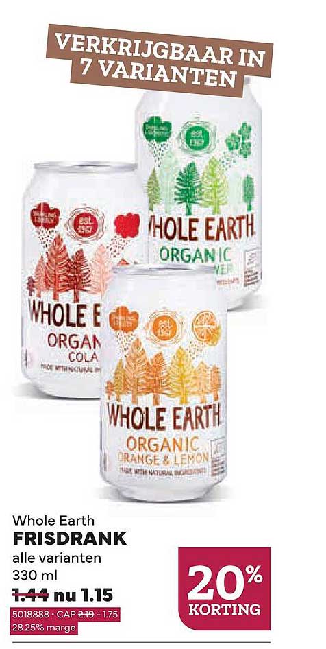 Whole Earth FRISDRANK alle varianten 330 ml 20% KORTING