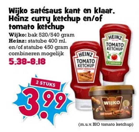 Wijko safesaus kant en klaar. Heinz curry ketchup en/of tomato ketchup 2 STUKS
