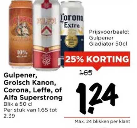 Gulpener, Grolsch Kanon, Corona, Leffe, of Alfa Superstrong Blik à 50 cl