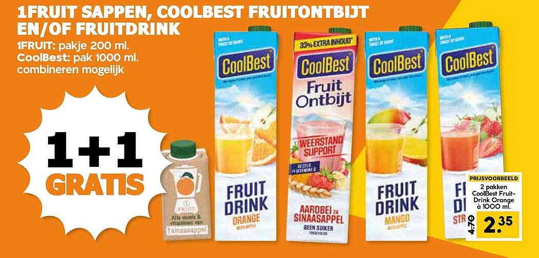 1FRUIT SAPPEN, COOLBEST FRUITONTBIJT EN/OF FRUITDRINK 1+1 GRATIS