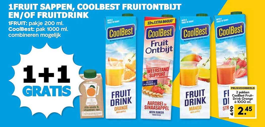 1FRUIT SAPPEN, COOLBEST FRUITONTBIJT EN/OF FRUITDRINK 1+1 GRATIS