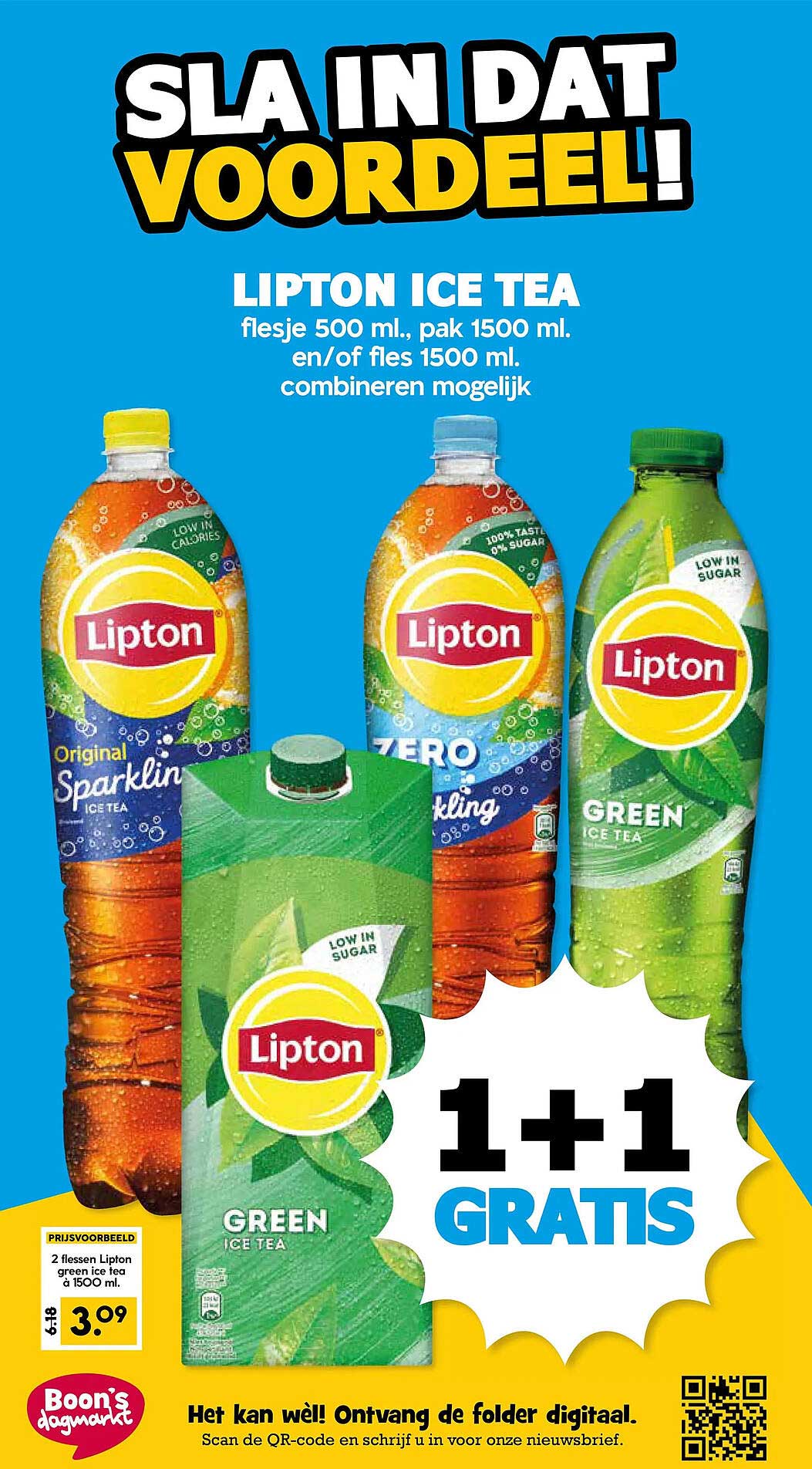 2 flessen Lipton green ice tea à 1500 ml. 1+1 gratis