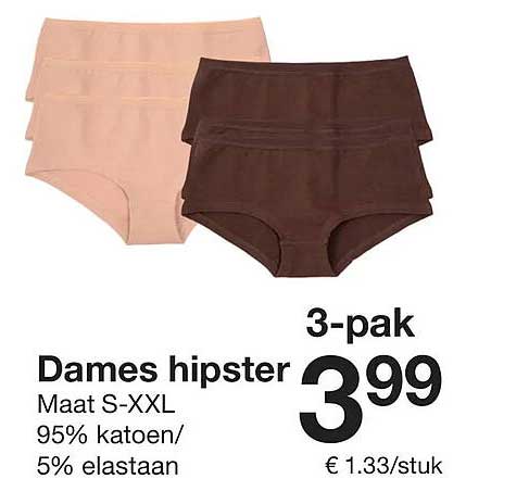 3-pak Dames hipster Maat S-XXL 95% katoen/ 5% elastaan