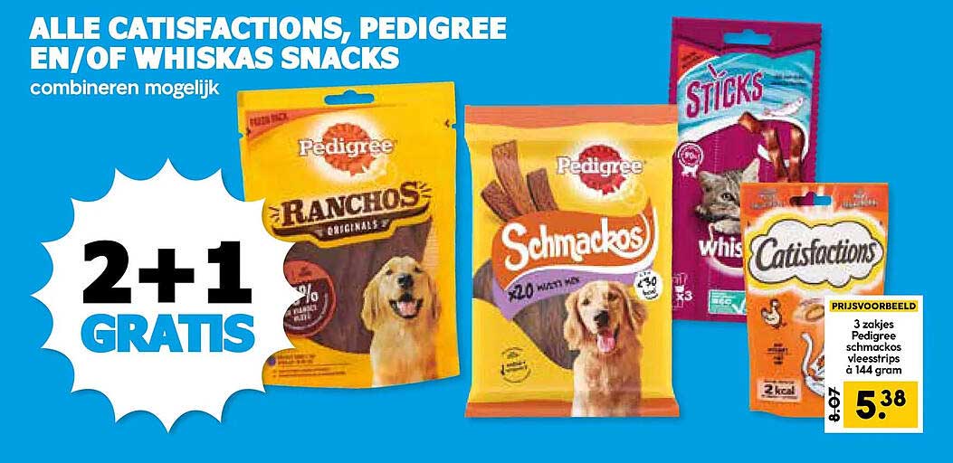 ALLE CATISFACTIONS, PEDIGREE EN/OF WHISKAS SNACKS combineren mogelijk 2+1 GRATIS