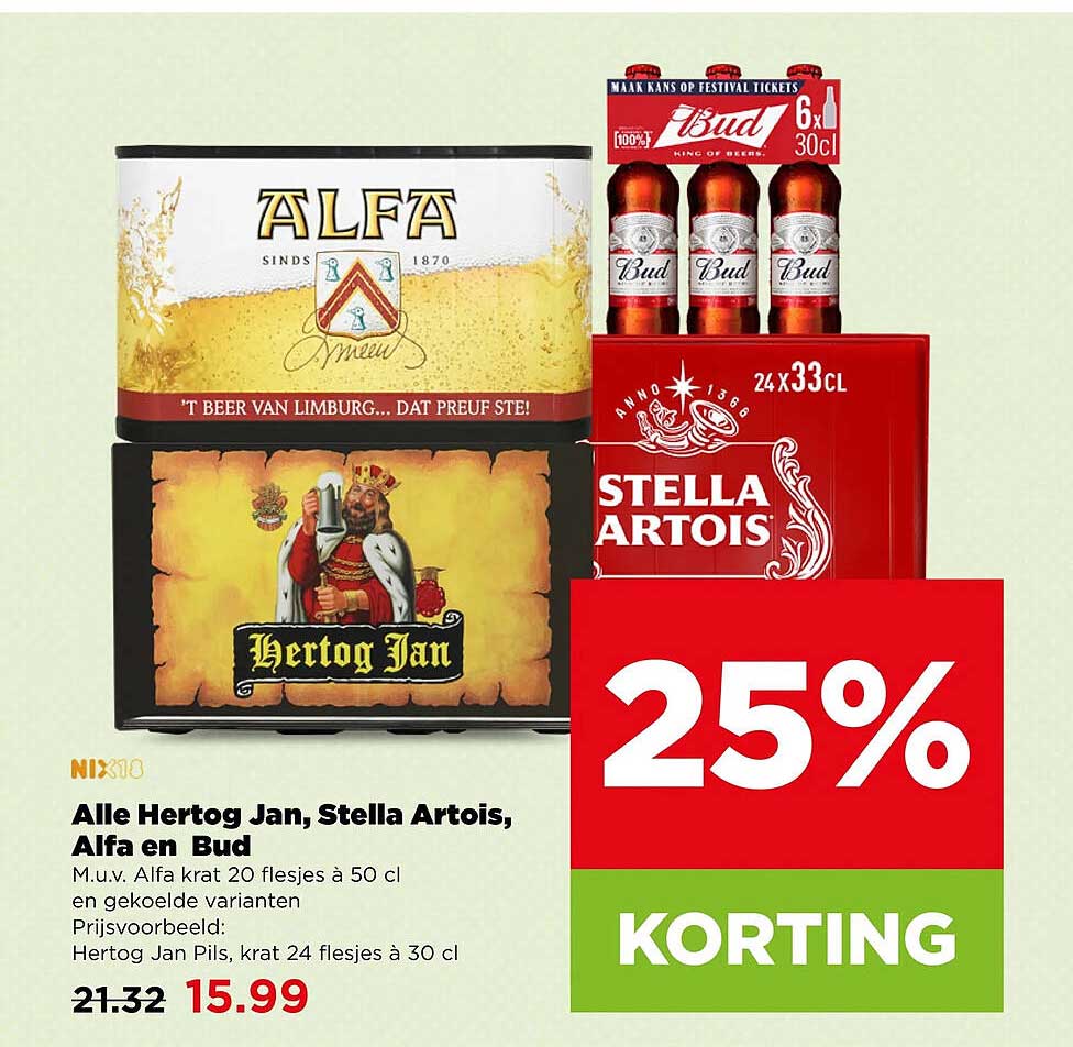Alle Hertog Jan, Stella Artois, Alfa en Bud 25% KORTING