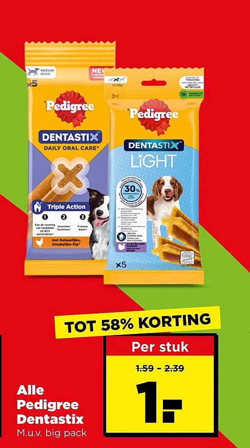 Alle Pedigree Dentastix M.u.v. big pack TOT 58% KORTING