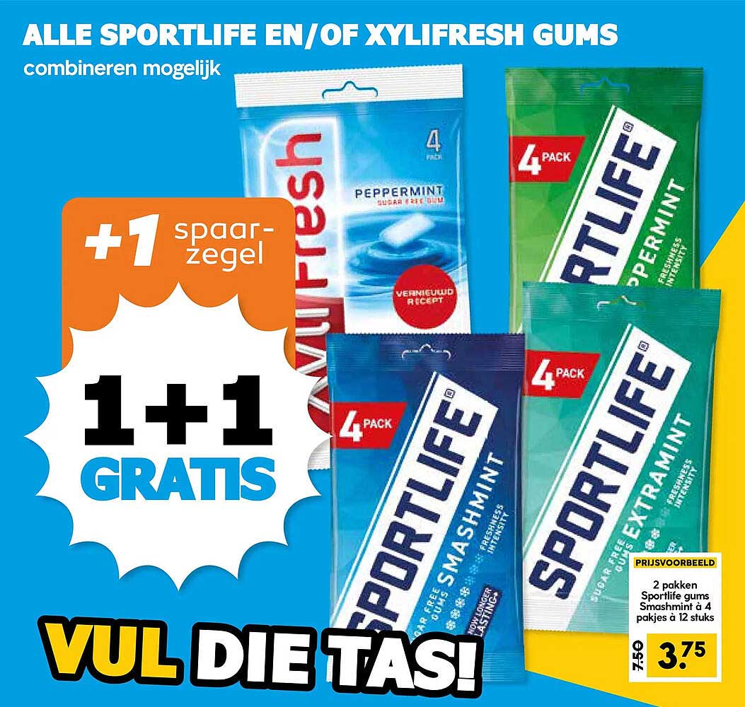 ALLE SPORTLIFE EN/OF XYLIFRESH GUMS combineren mogelijk +1 spaarzegel 1+1 GRATIS