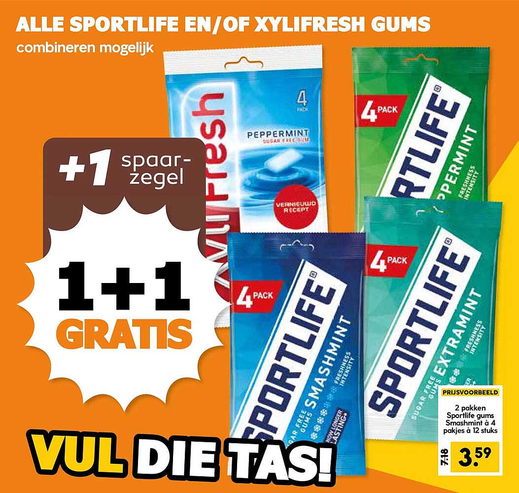 ALLE SPORTLIFE EN/OF XYLIFRESH GUMS combineren mogelijk +1 spaarzegel 1+1 GRATIS