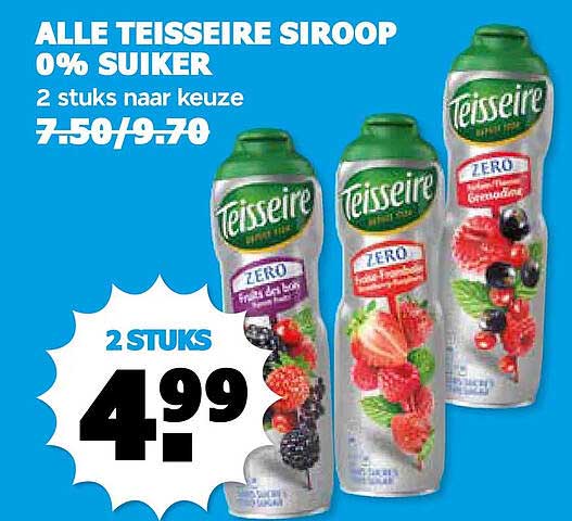 ALLE TEISSEIRE SIROOP 0% SUIKER 2 stuks naar keuze