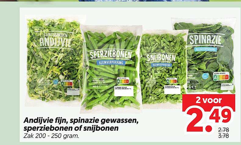 Andijvie fijn, spinazie gewassen, sperziebonen of snijbonen 2 voor 2.49
