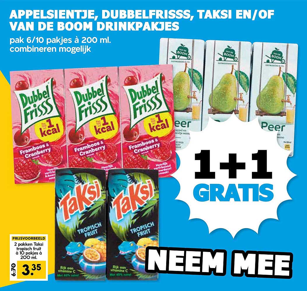 Appelsientje, DubbelFrisss, Taksi en/of van de Boom drinkpakjes 1+1 gratis