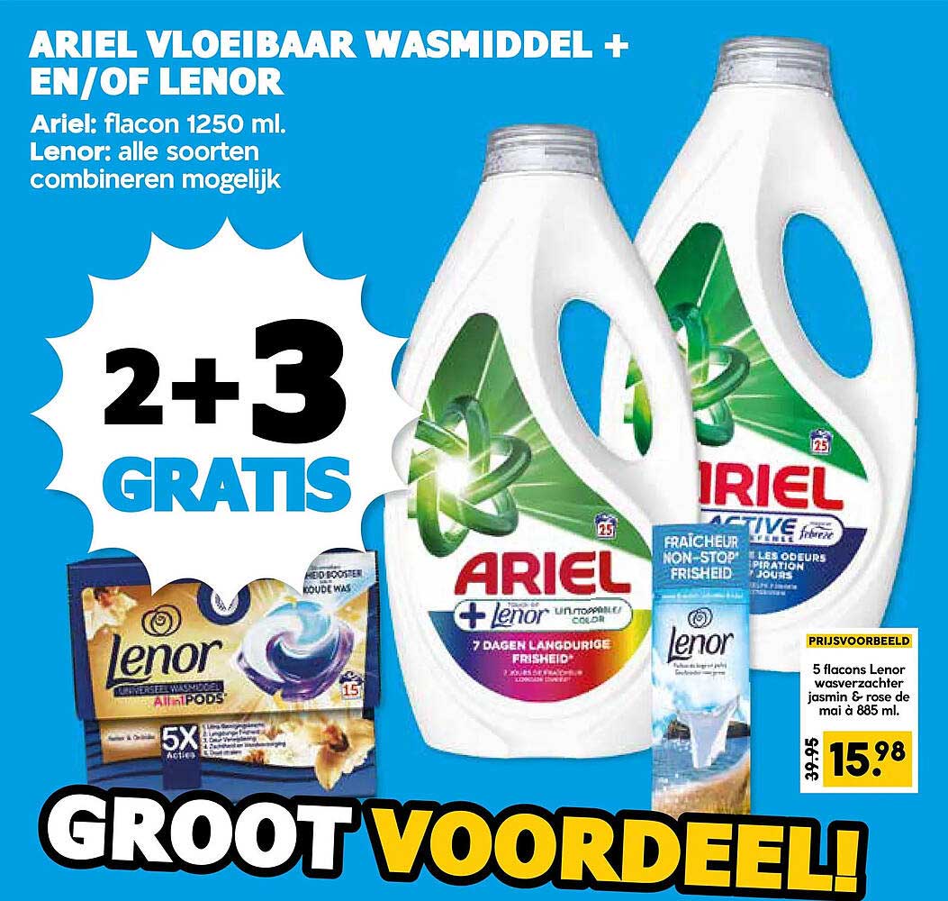 ARIEL VLOEIBAAR WASMIDDEL + EN/OF LENOR 2+3 GRATIS