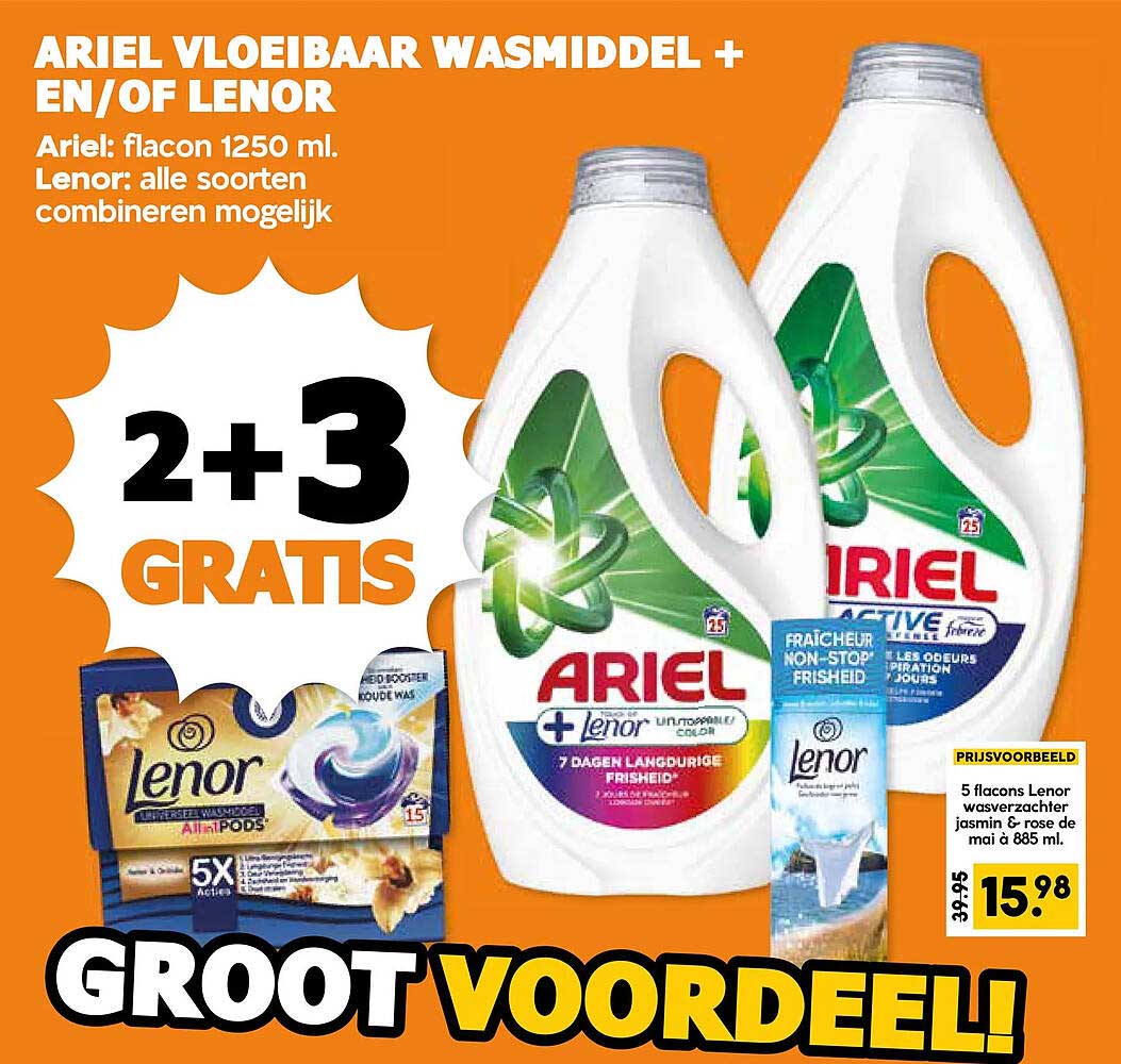 ARIEL VLOEIBAAR WASMIDDEL + EN/OF LENOR 2+3 GRATIS