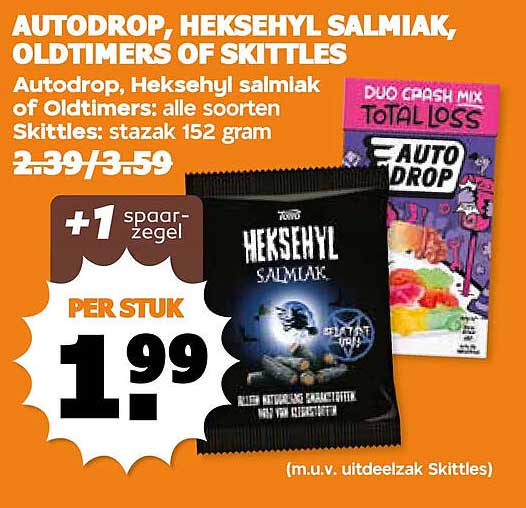 Autodrop, Heksehyl salmiak, Oldtimers of Skittles: alle soorten Skittles: zakzak 152 gram +1 spaarzegel