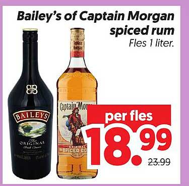 Bailey's of Captain Morgan spiced rum Fles 1 liter.